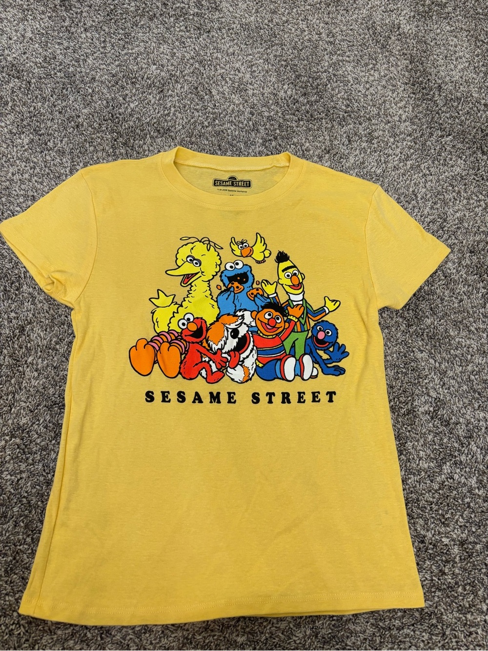 NWOT Sesame Street Yellow Graphic Tee with Colorful Characters Sz Large